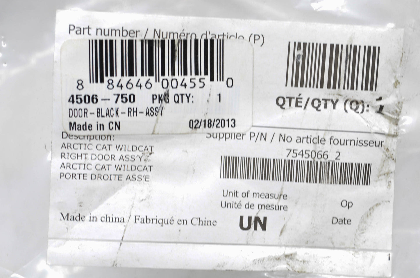 OEM Arctic Cat 4506-750 Black Left Hand Driver Door Assembly NOS