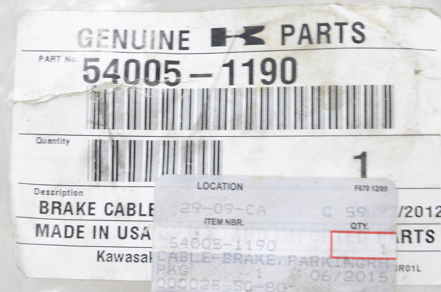 New OEM Kawasaki 54005-1190 Right Hand Parking Brake Cable NOS