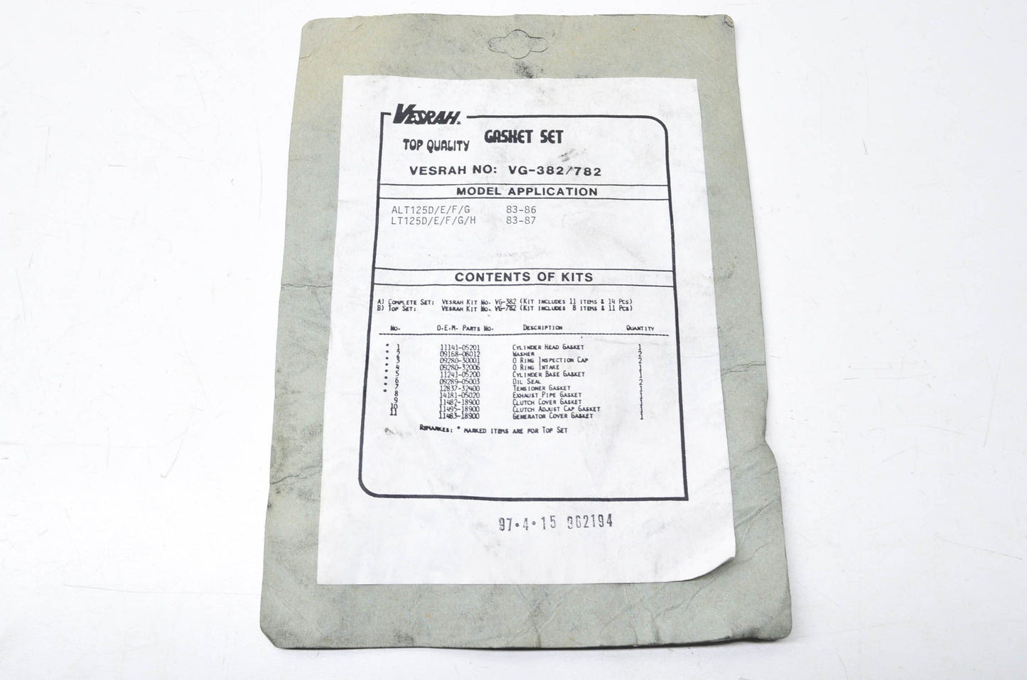 Vesrah VG-382, VG-782 Gasket Kit NOS