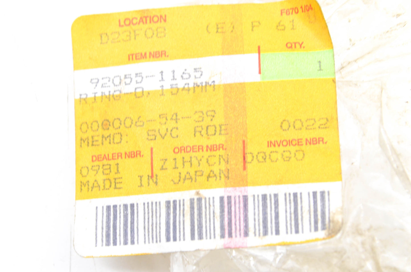 OEM Kawasaki 92055-1165 O-Ring 154mm NOS
