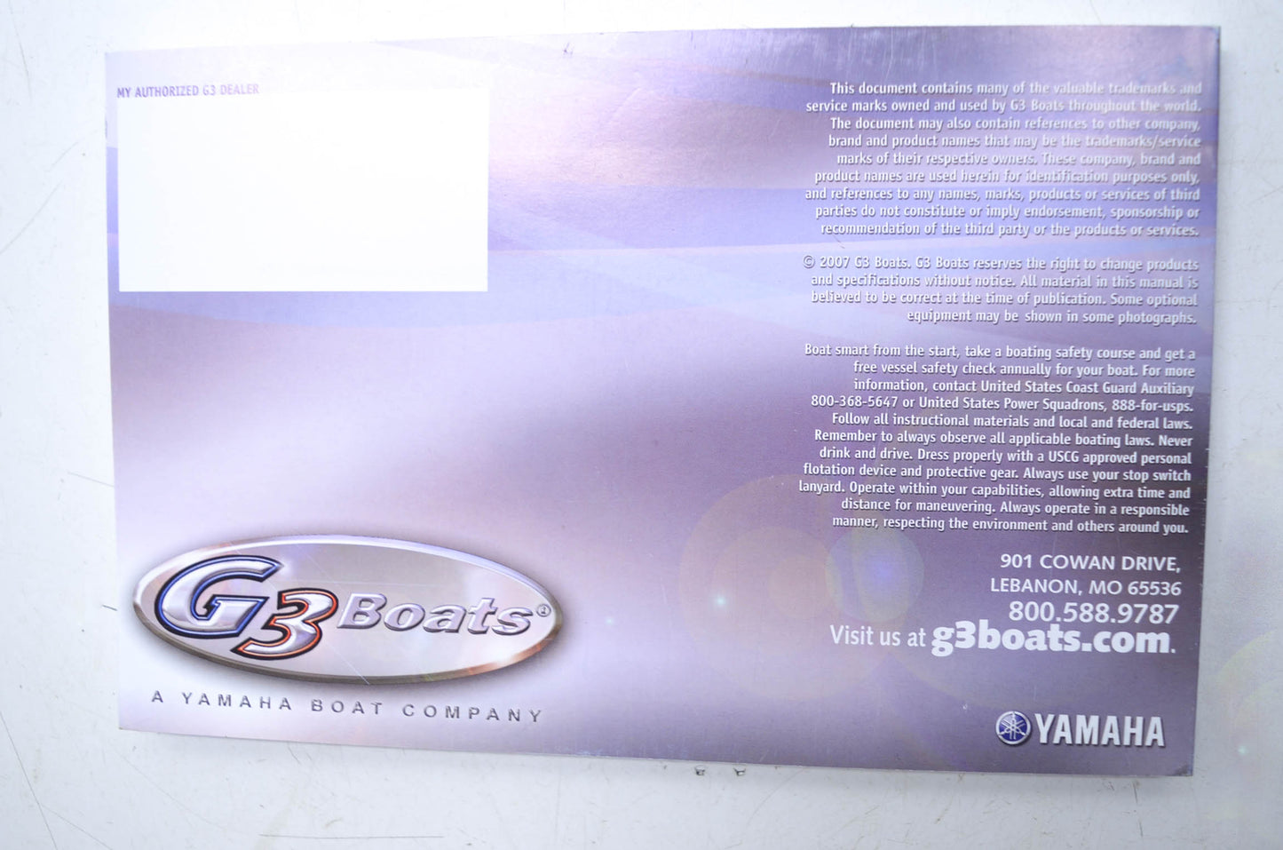 OEM Yamaha G3 Boats Owner's Manual Eagle/HP/Angler V/ Sun Catcher Serie