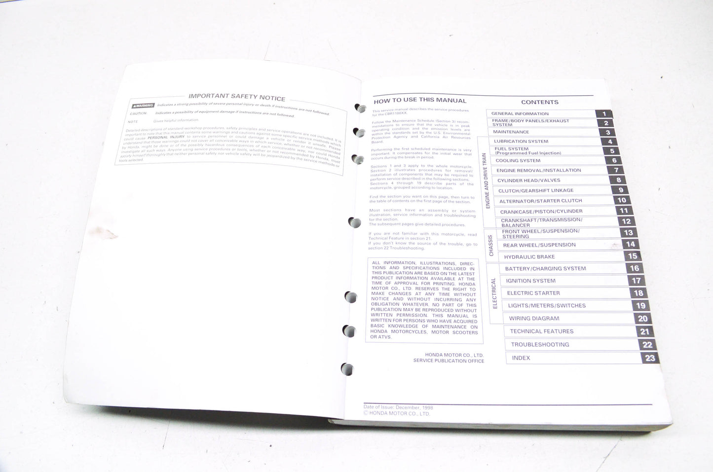 OEM Honda 61MAT52 Service Manual CBR1100XX 99-1
