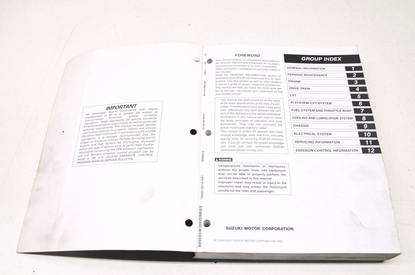 OEM Suzuki 99500-36114-03E Service Manual AN650/A 2003-20