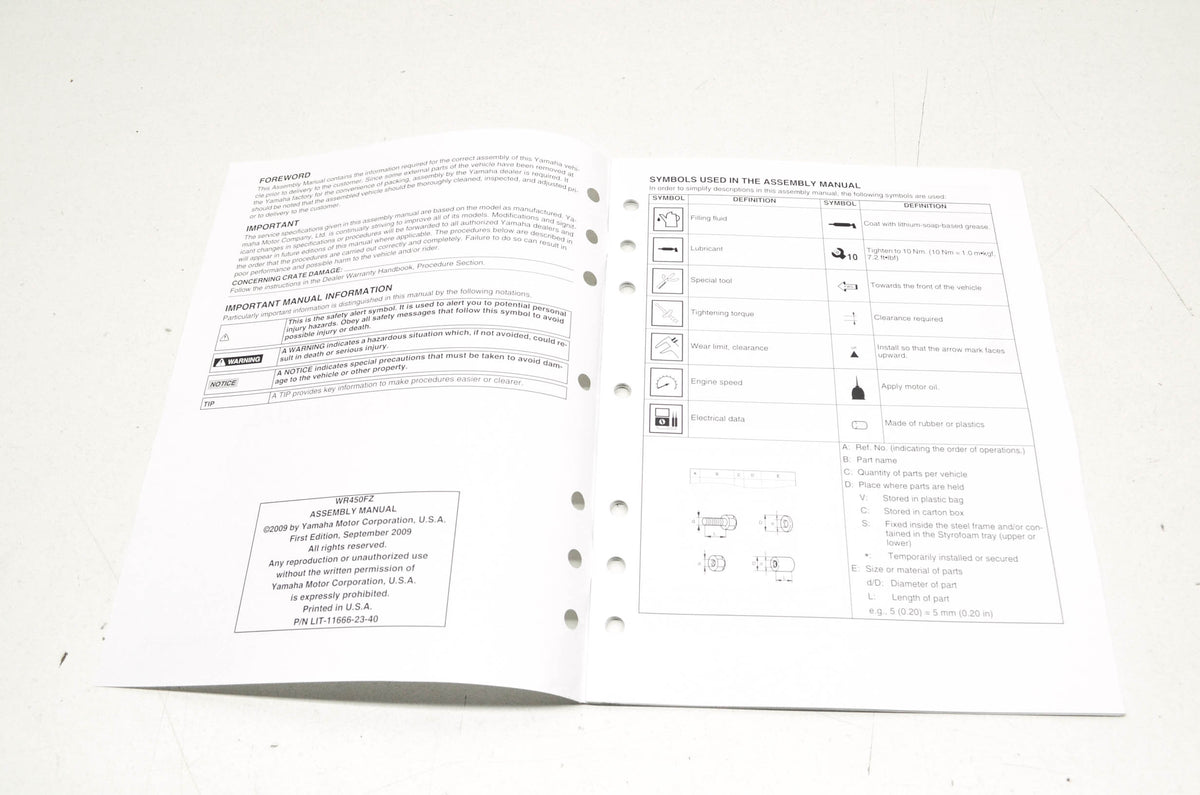 OEM Yamaha LIT-11666-23-40 WR450FA Assembly Manual NOS