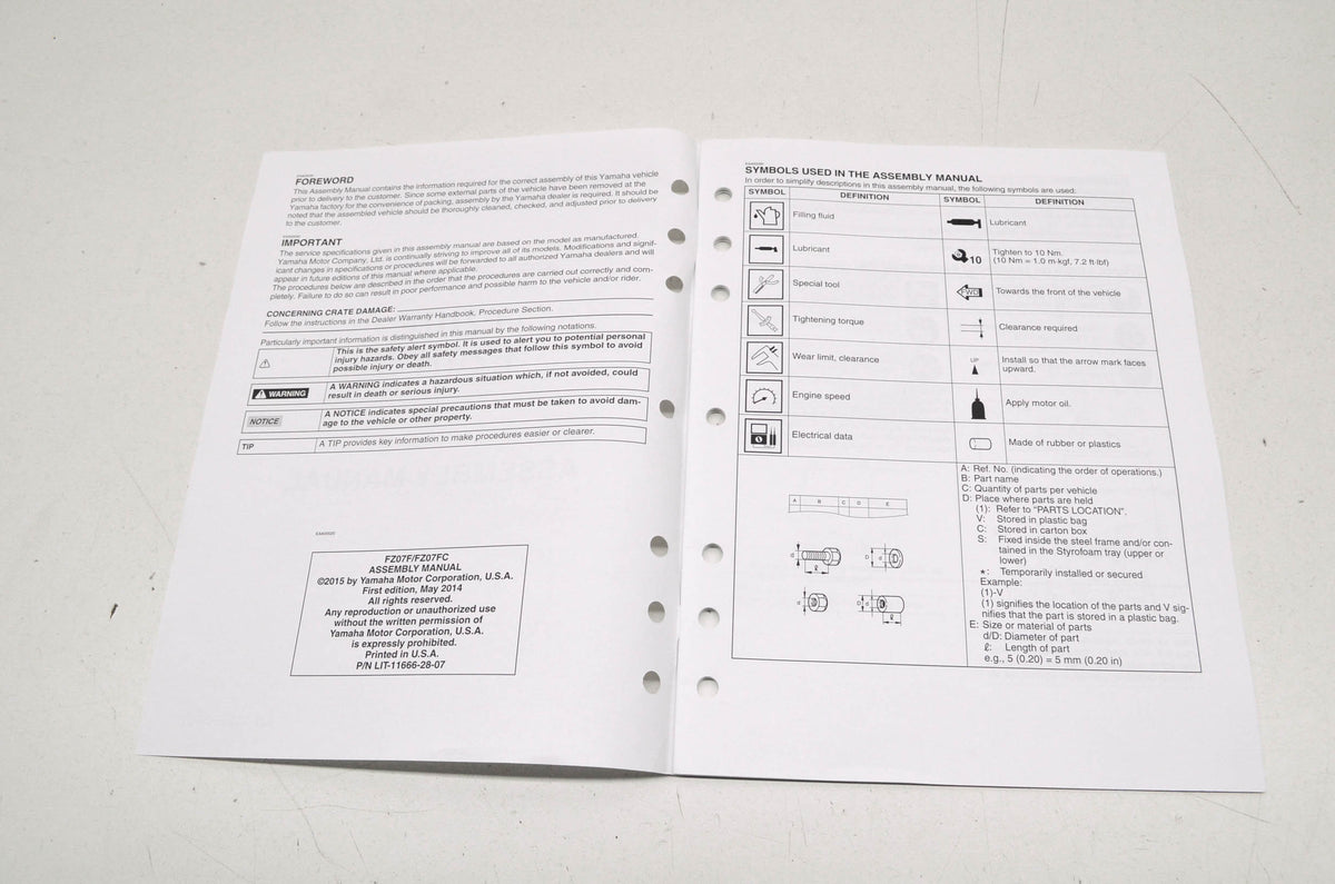 OEM Yamaha LIT-11666-28-07 Assembly Manual 2015 FZ-07 NOS