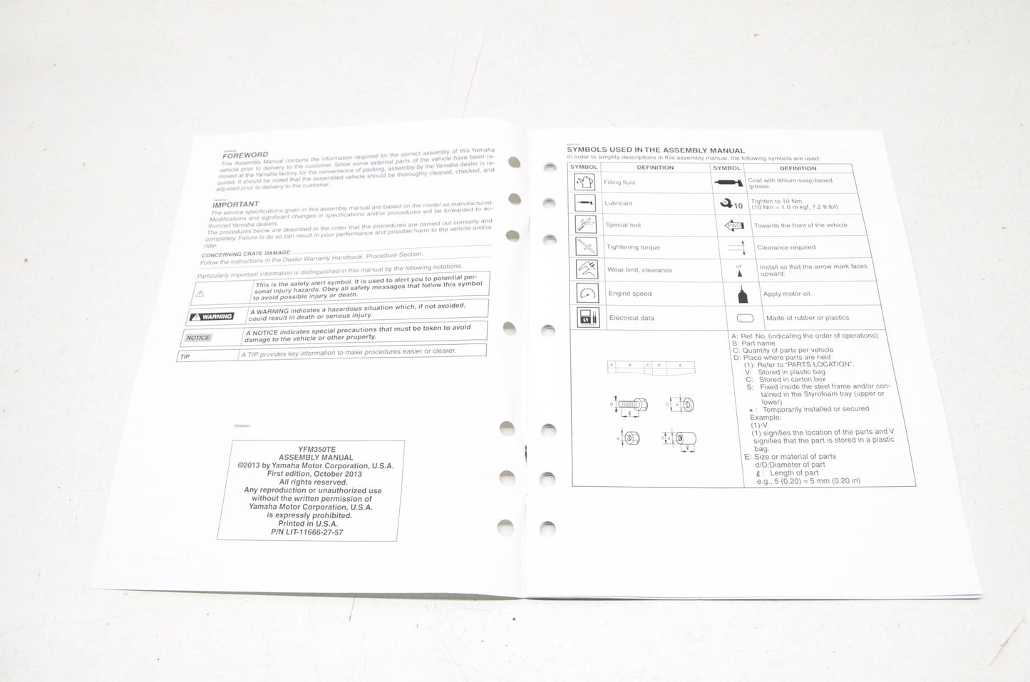 OEM Yamaha LIT-11666-27-57 YFM350TE Assembly Manual