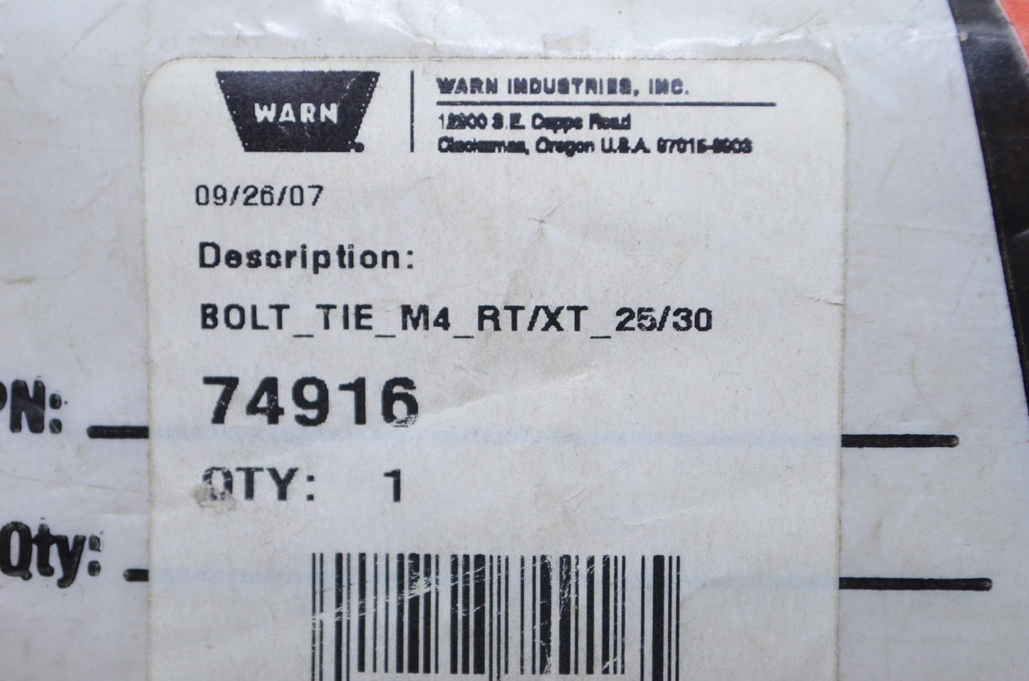 Warn 74916 Winch Tie Bolt NOS