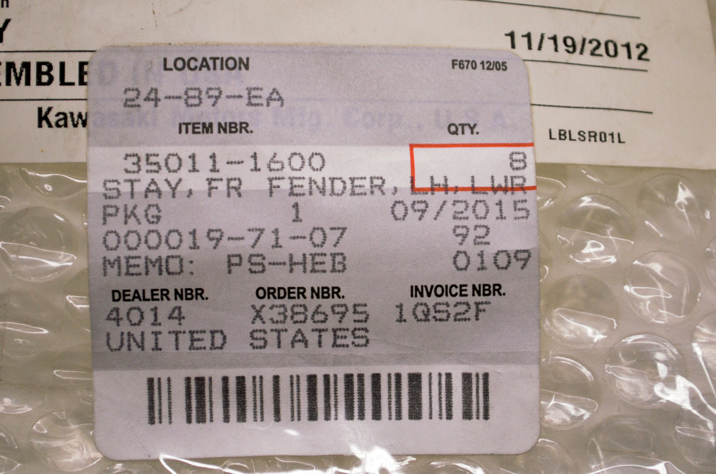 OEM Kawasaki 35011-1600 Lower Left Hand Front Fender Stay NOS