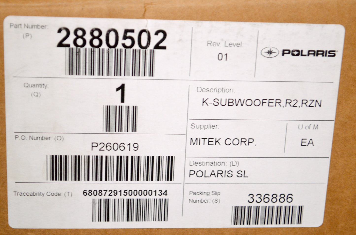 OEM Polaris 2880502 K Subwoofer R2 RZN NOS