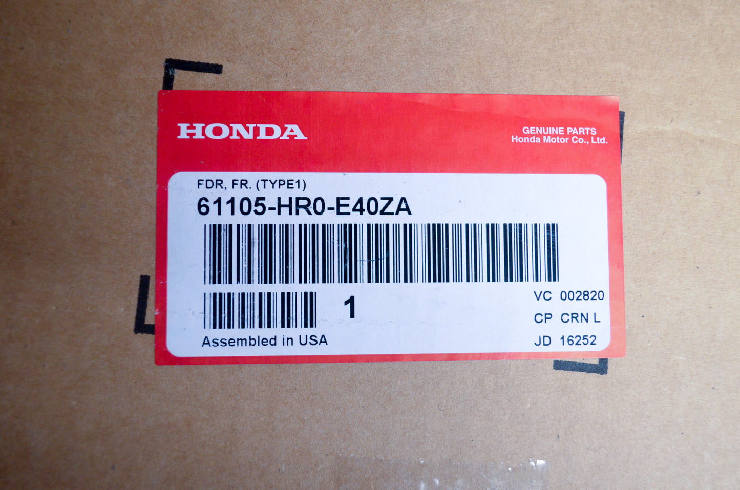 OEM Honda 61105-HR0-E40ZA Front Fender Type 1 NOS