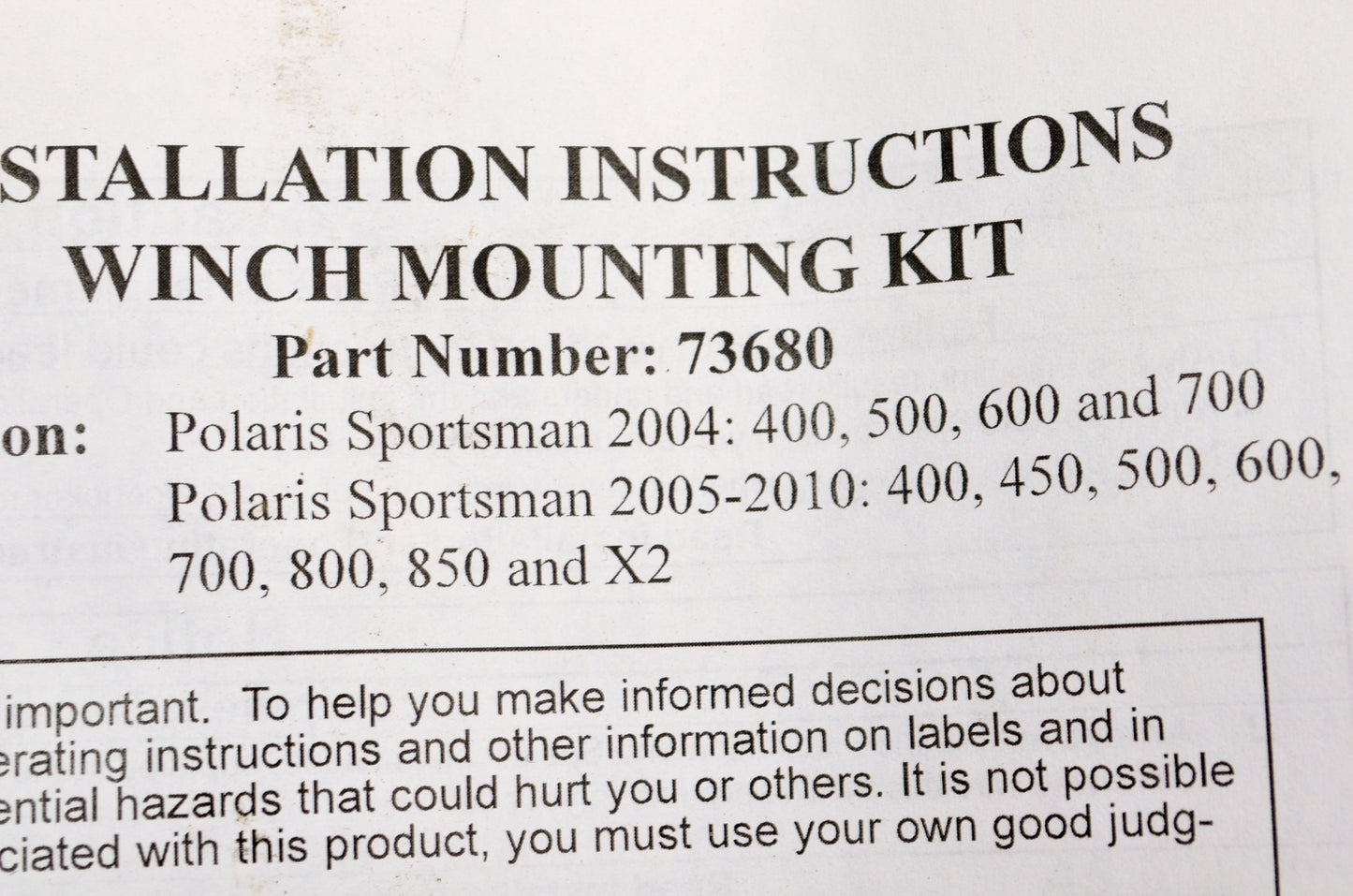 Warn 73680 Atv Mounting Kit NOS