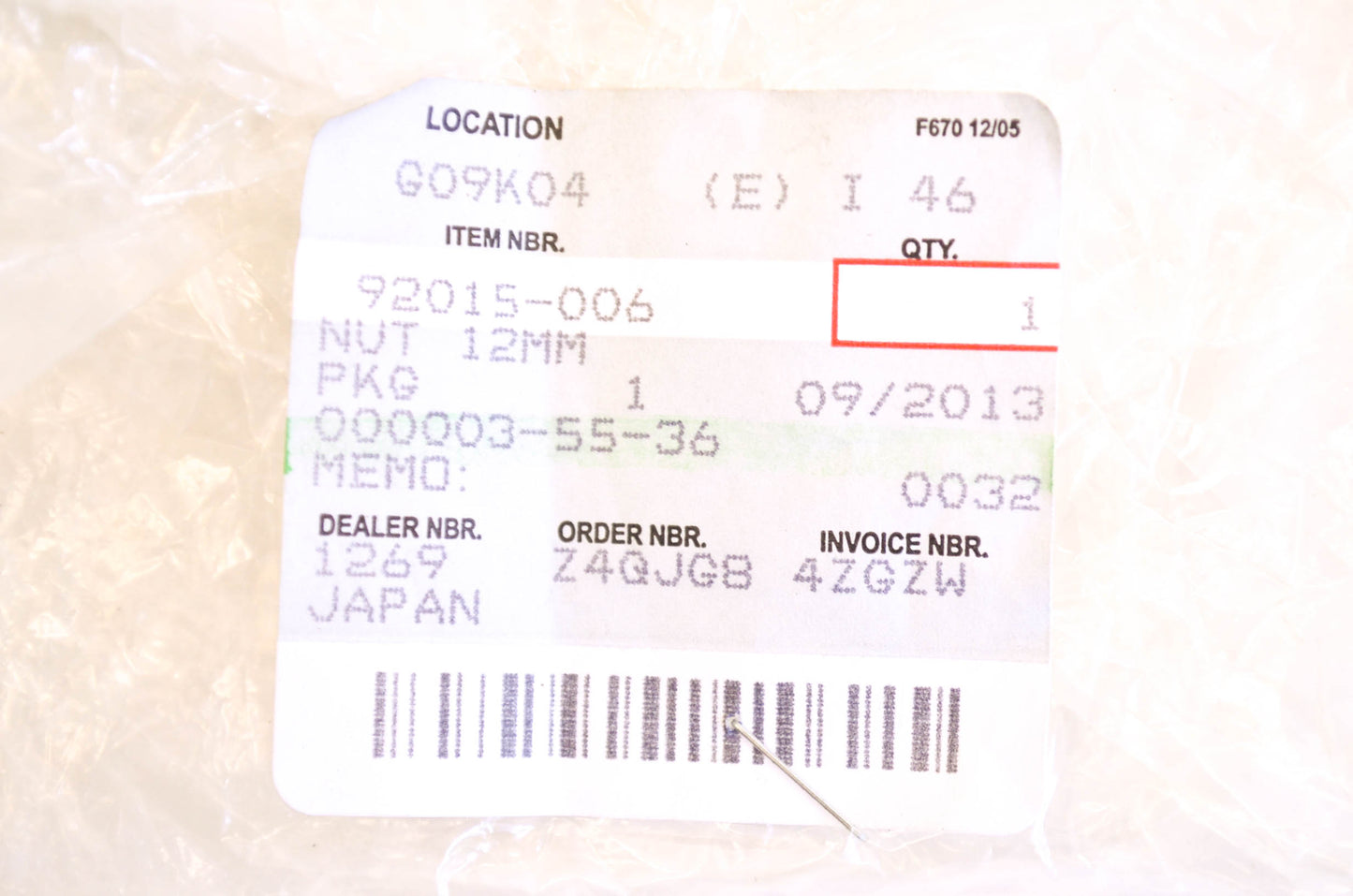 OEM Kawasaki 92015-006 Nut 12mm NOS