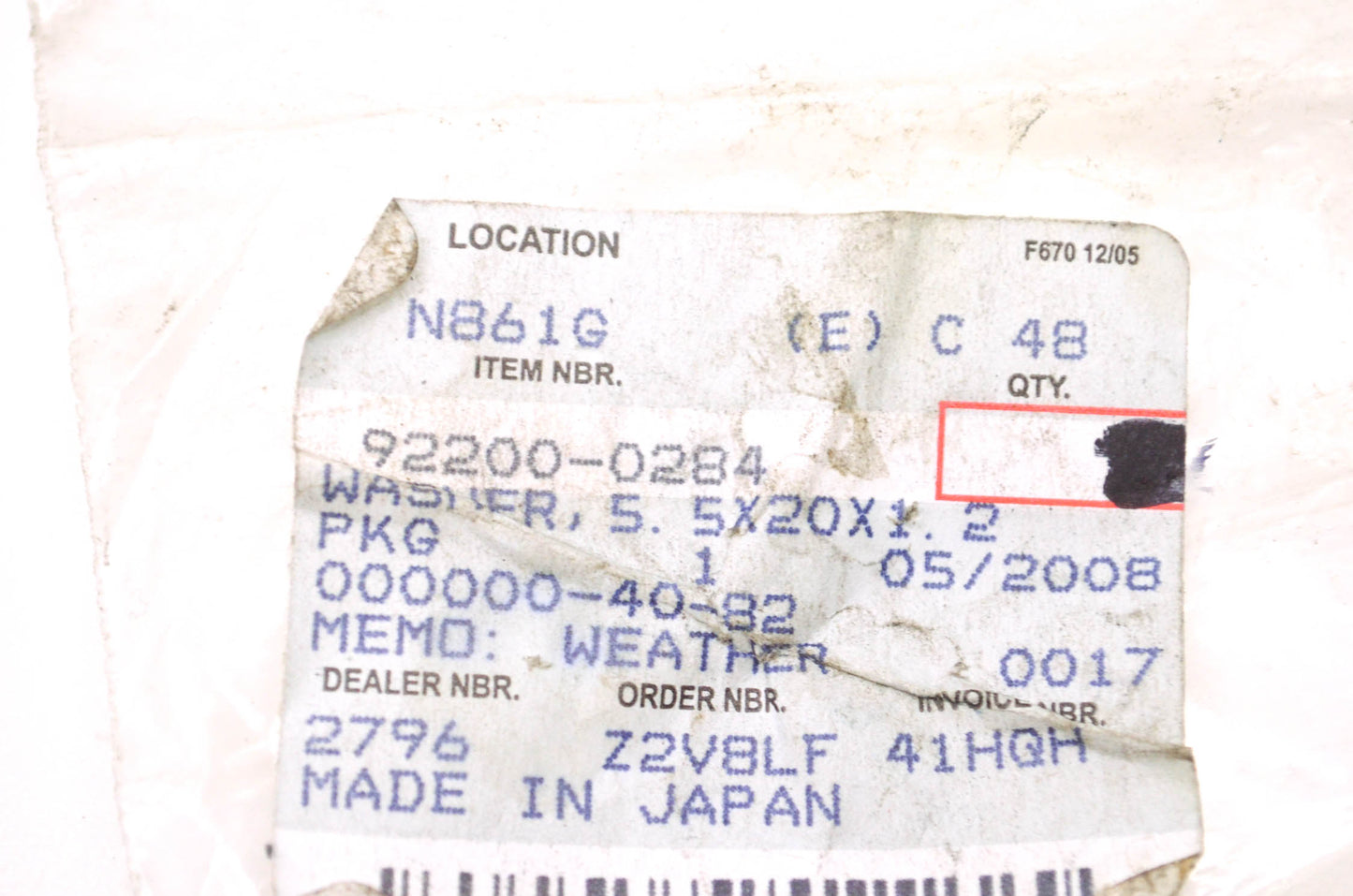 OEM Kawasaki 92200-0284 Washer 5.5X20X1.2 NOS