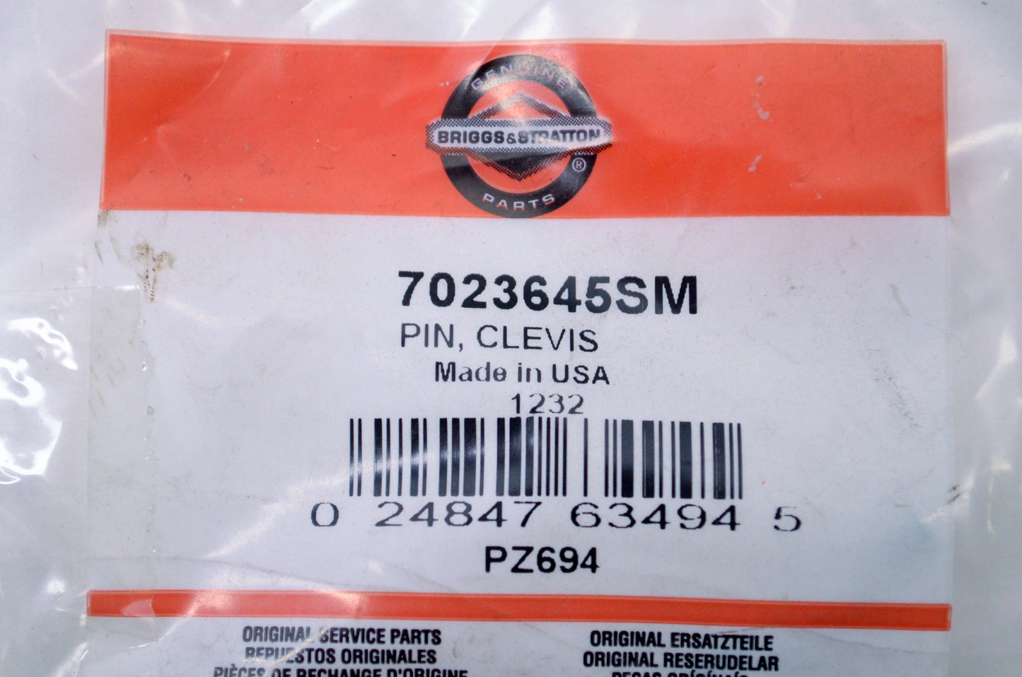 OEM Briggs & Stratton 7023645SM, PZ694 Clevis Pin NOS