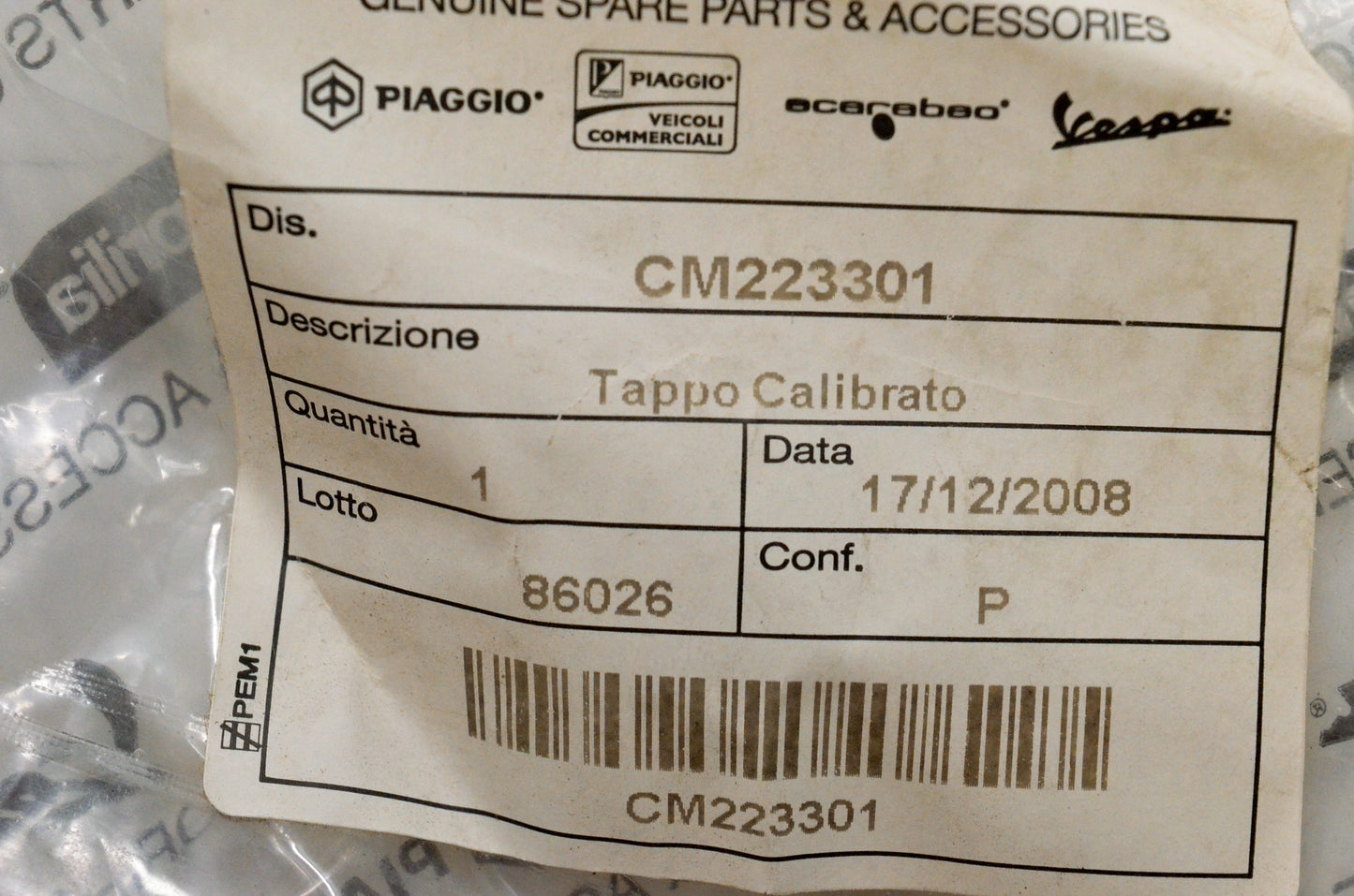 Aprilia CM223301 White Plastic Orifice NOS