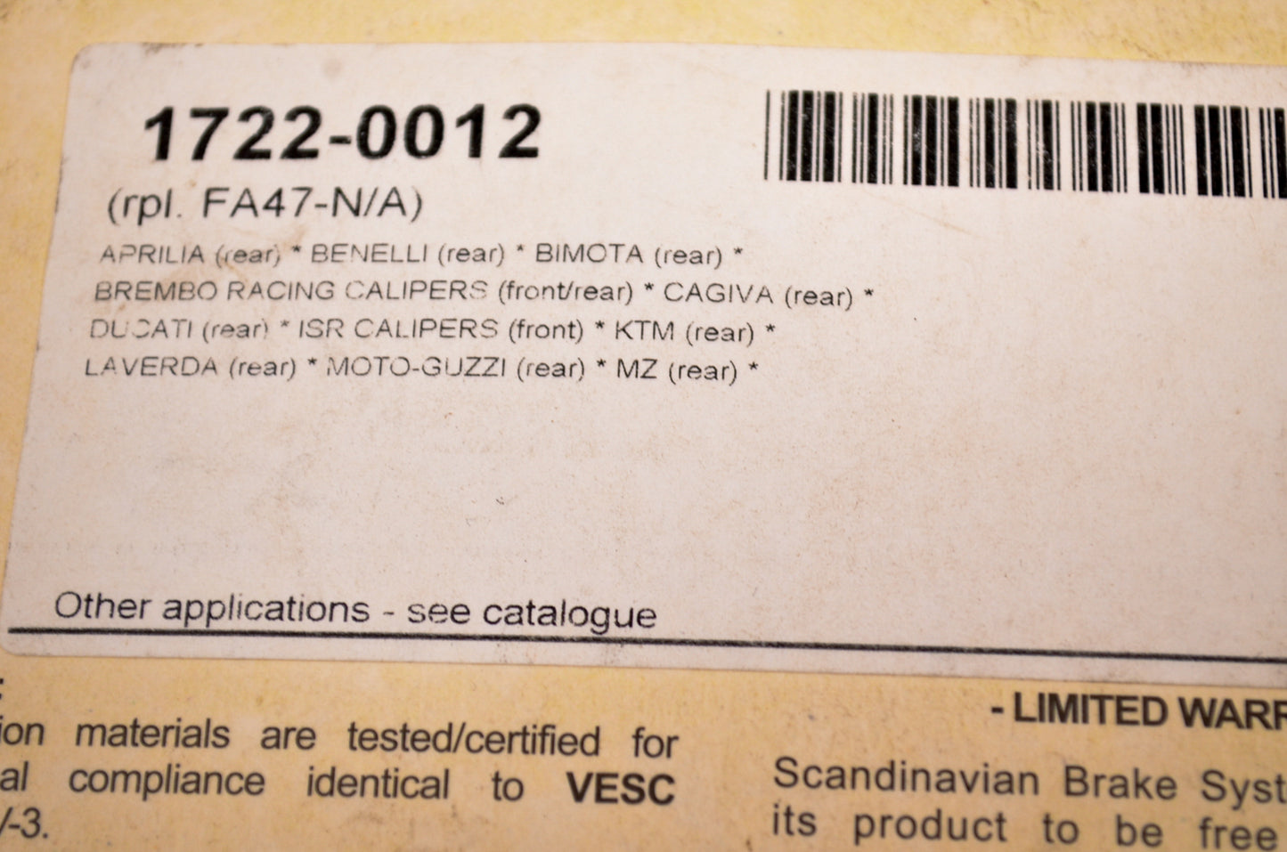 Parts Unlimited 1722-0012/519LS Brake Pad Kit NOS