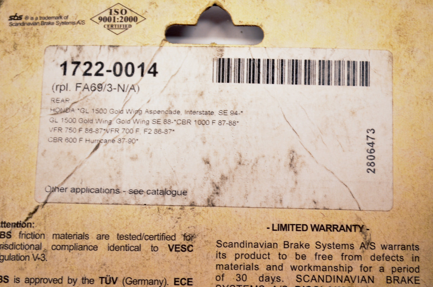 Parts Unlimited 1722-0014, FA6913-N/A, 542LS Brake Pad Kit NOS