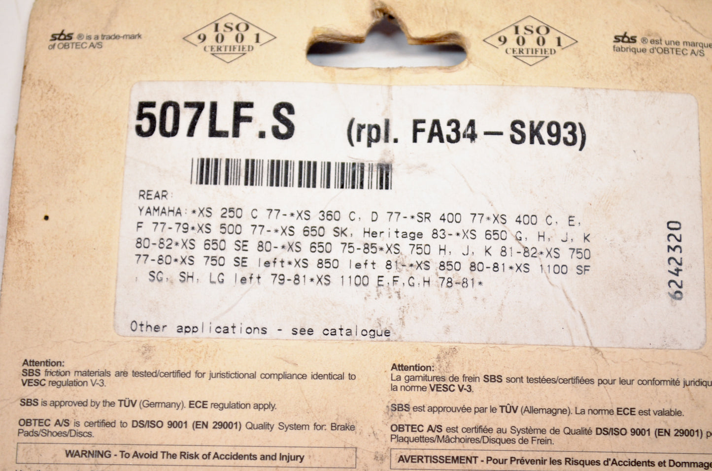 SBS 17210280, FA34-SK93, 507LF Brake Pad Kit NOS