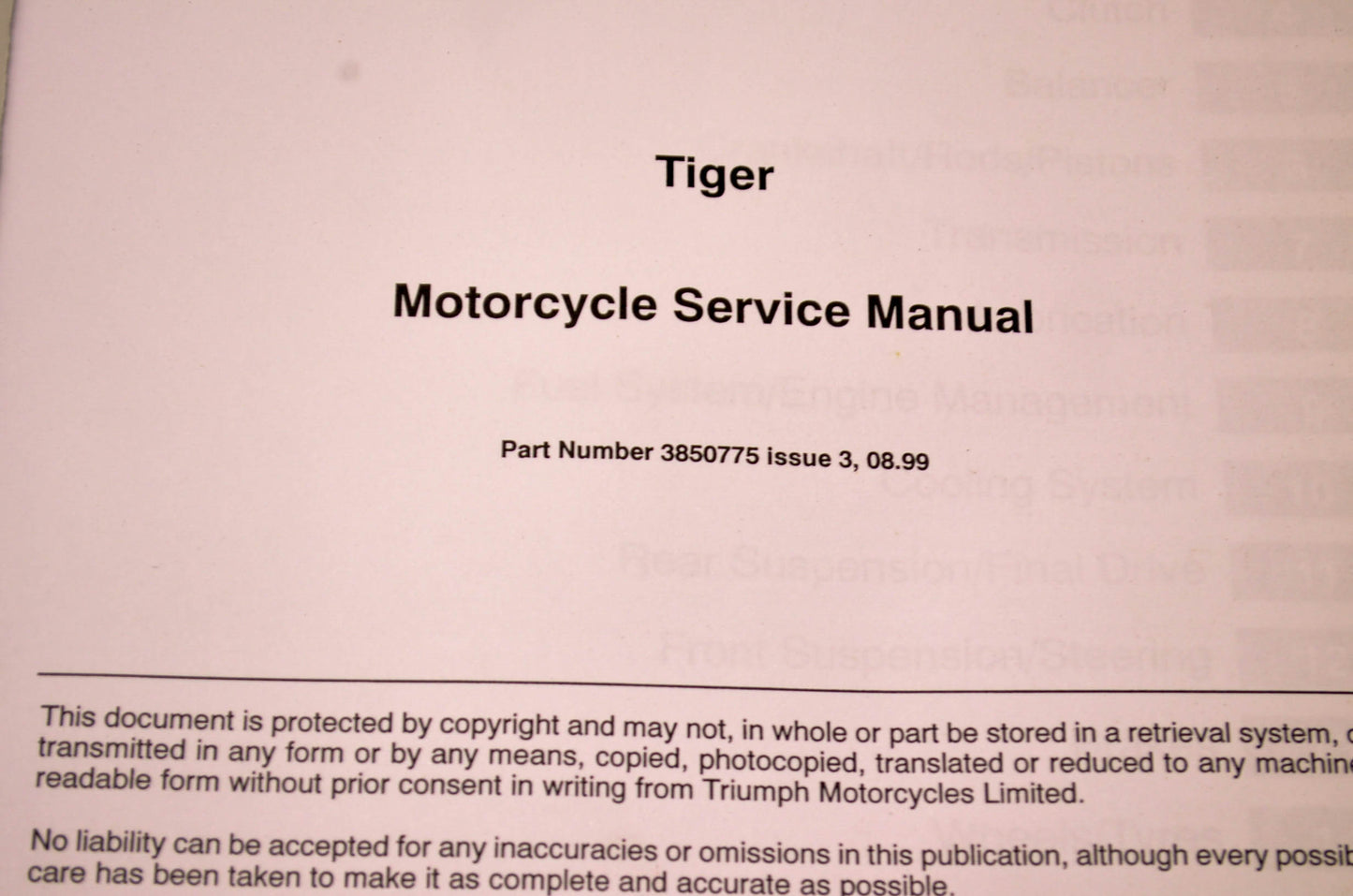 OEM Triumph 3850775 Manual Tiger 955cc