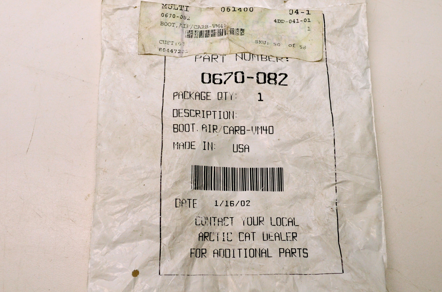 OEM Arctic Cat 0670-082 Carburetor Boot Box Extension NOS