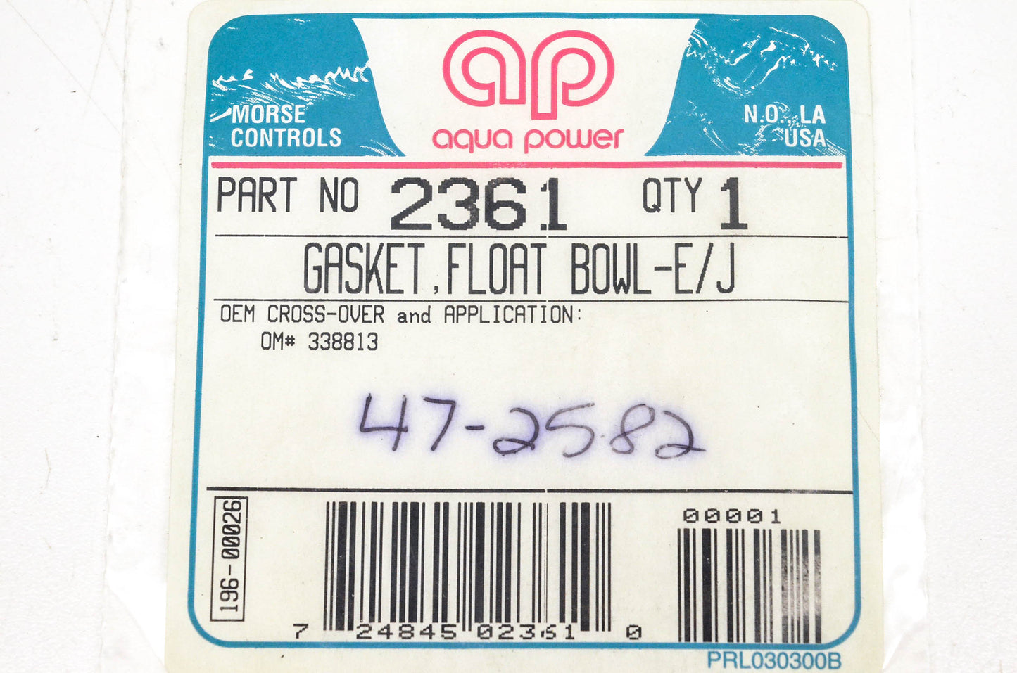 Aqua Power 2361, 47-2582, 338813 Float Bowl Gasket NOS