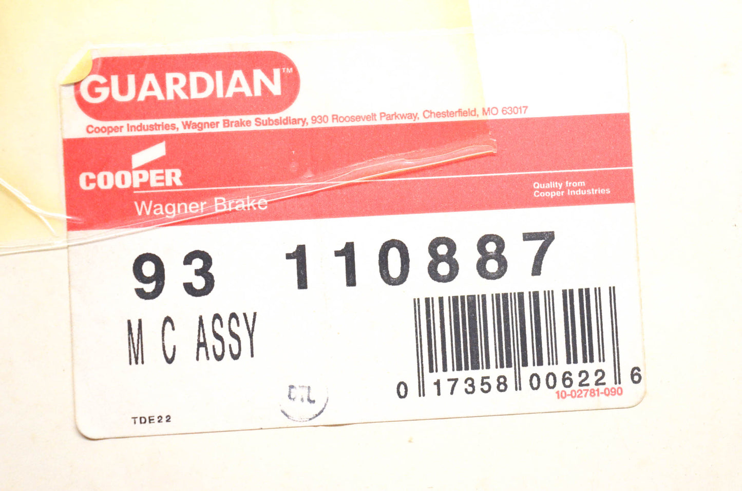 Wagner 93-110887 Guardian Master Brake Cylinder Assembly NOS