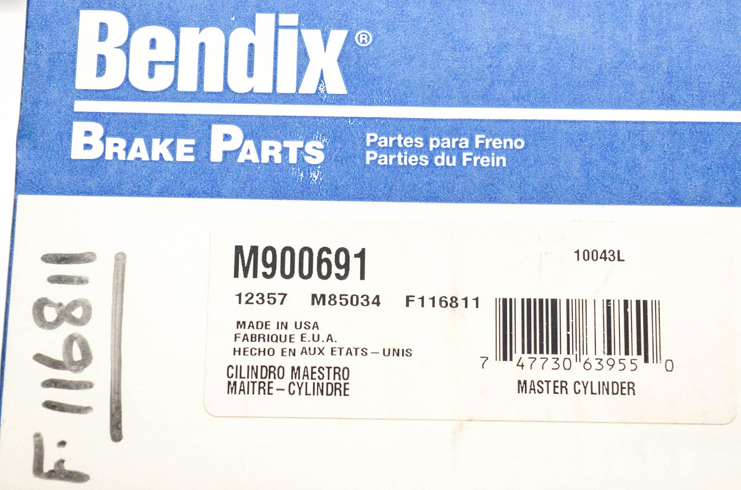 Bendix M900691, 12357, F116811 Master Cylinder Assembly NOS