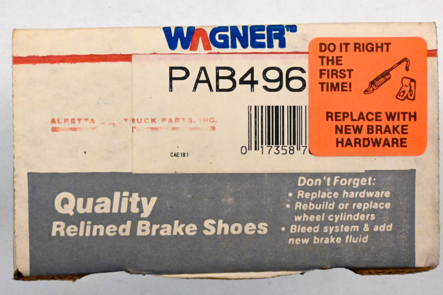 Wagner PAB496 Relined Brake Shoe Kit NOS