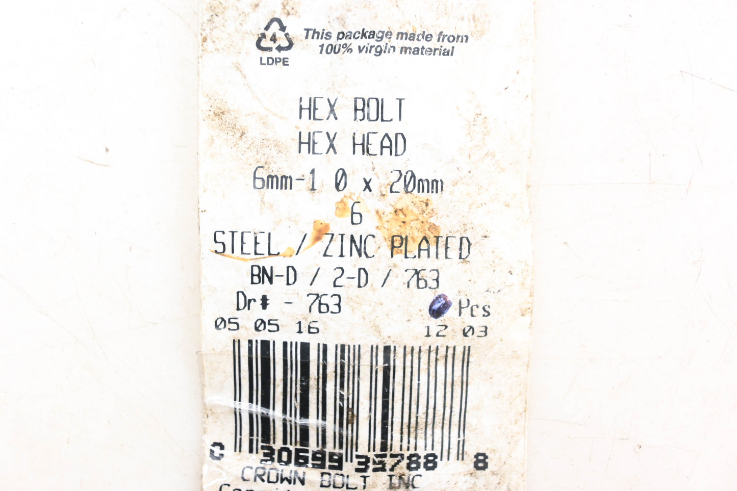 Crown Bolt 763 Steel 6mm1.0x20mm Zinc Plated Hex Bolt NOS
