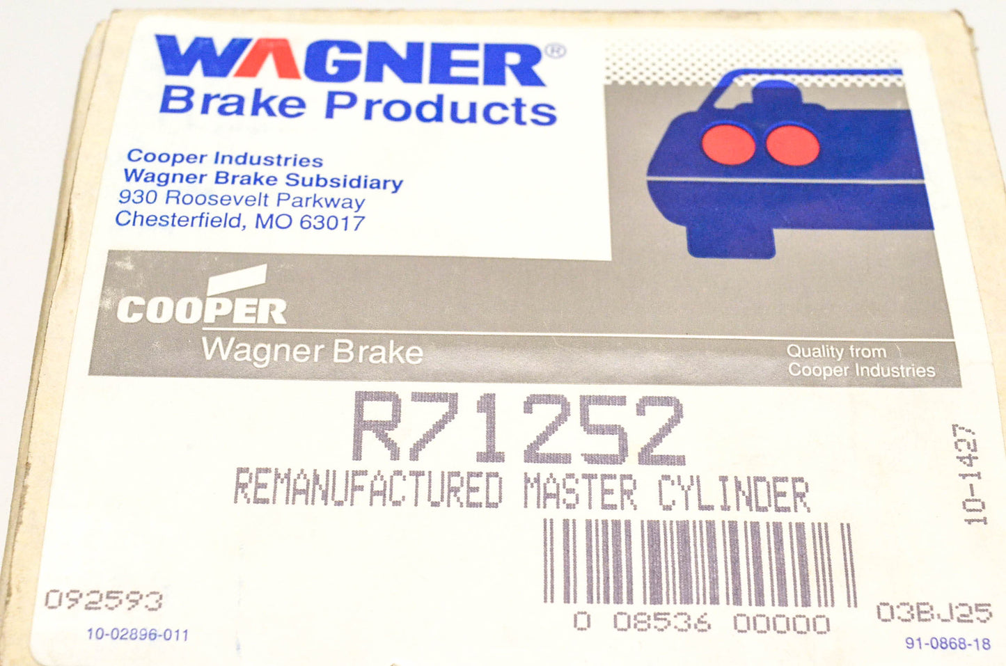 Wagner R71252 Remanufactured Brake Master Cylinder NOS