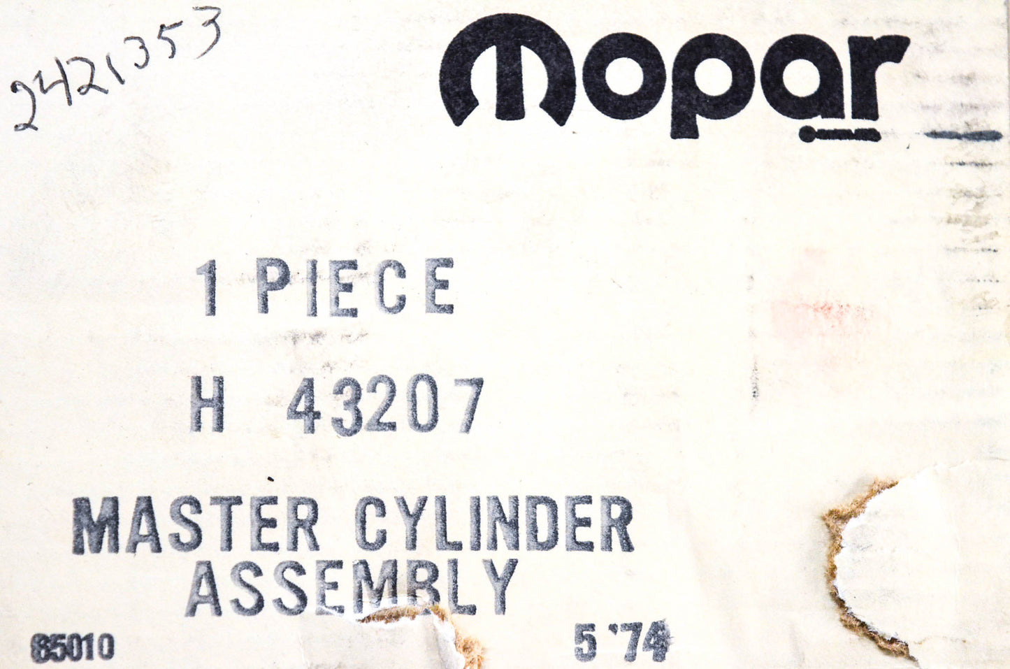 Mopar H-43207, H-43207 Master Cylinder Assembly NOS