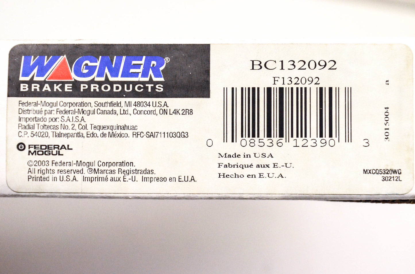 Wagner BC132092, F132092 Brake Cable NOS