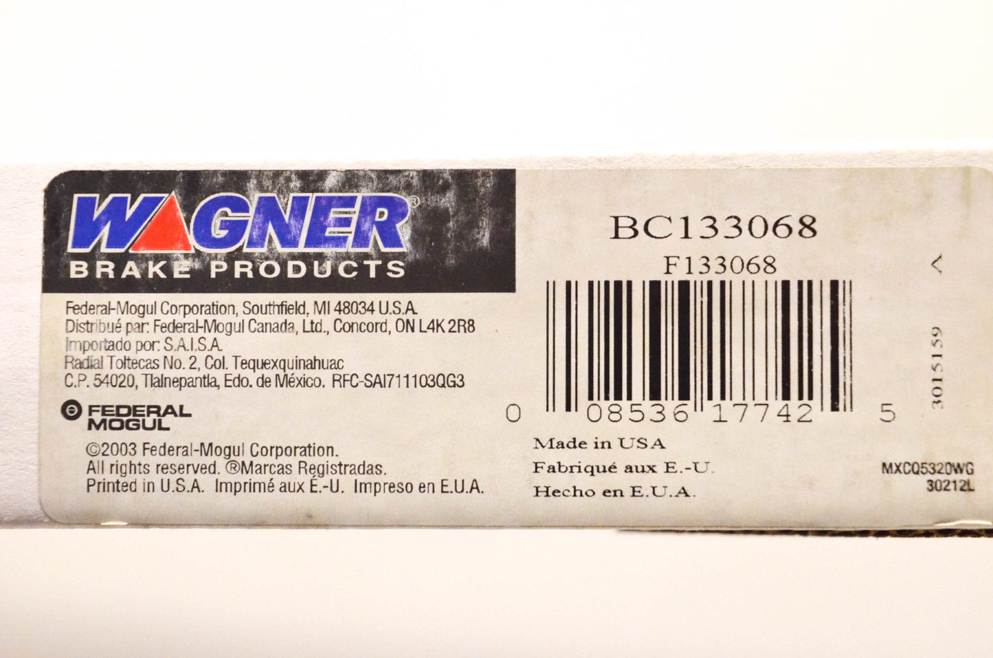 Wagner BC133068, F133068 95-97 Dodge Ram 1500 2500 Parking Brake Cable NOS