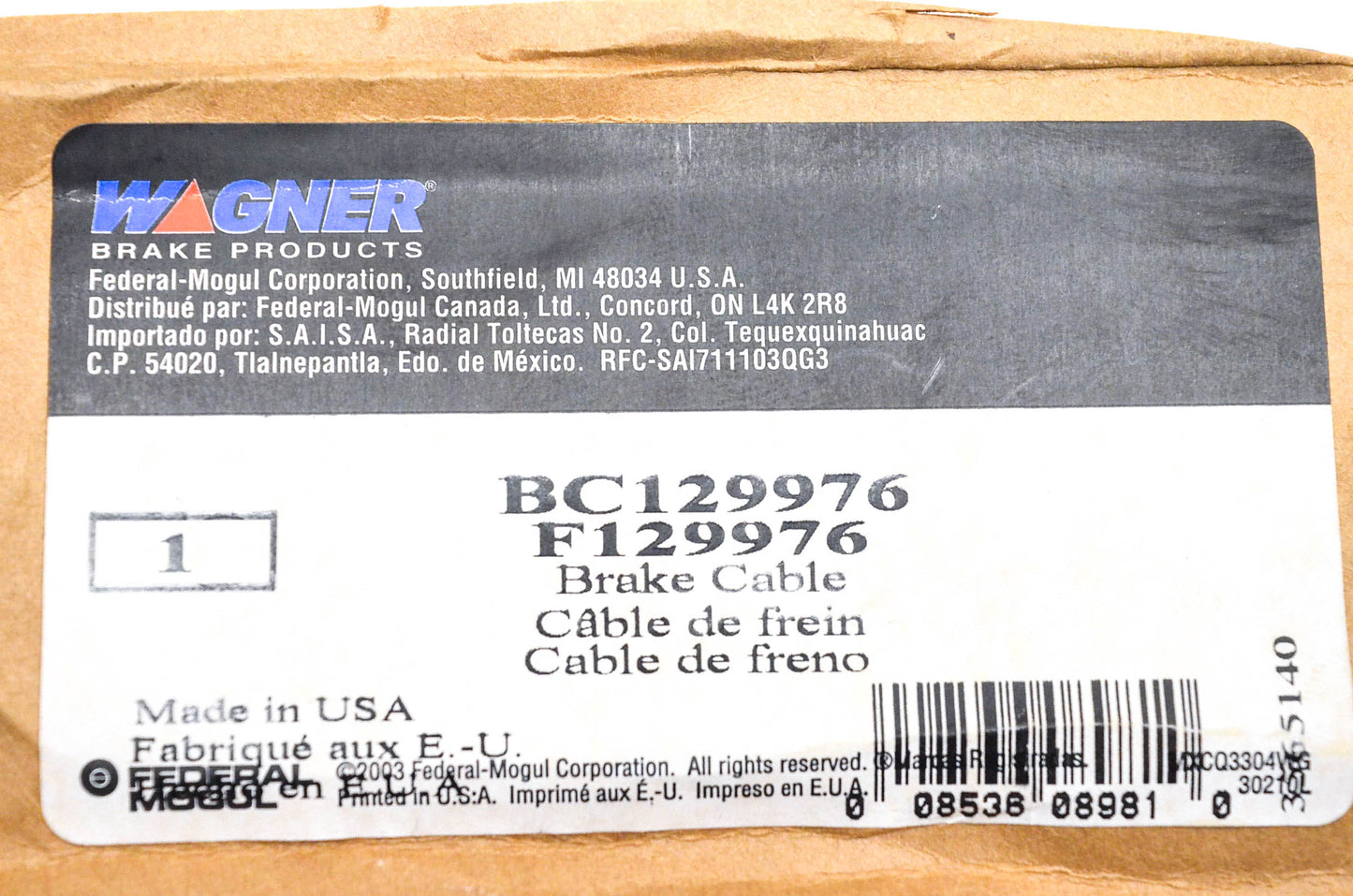Wagner BC129976, F129976 Parking Brake Cable NOS