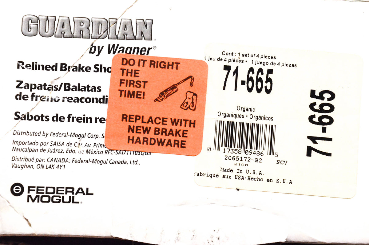 Wagner 71-665 Guardian Relined Brake Shoe Kit NOS