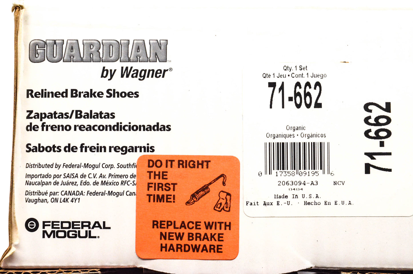 Wagner 71-662 Guardian Relined Brake Shoe Kit NOS