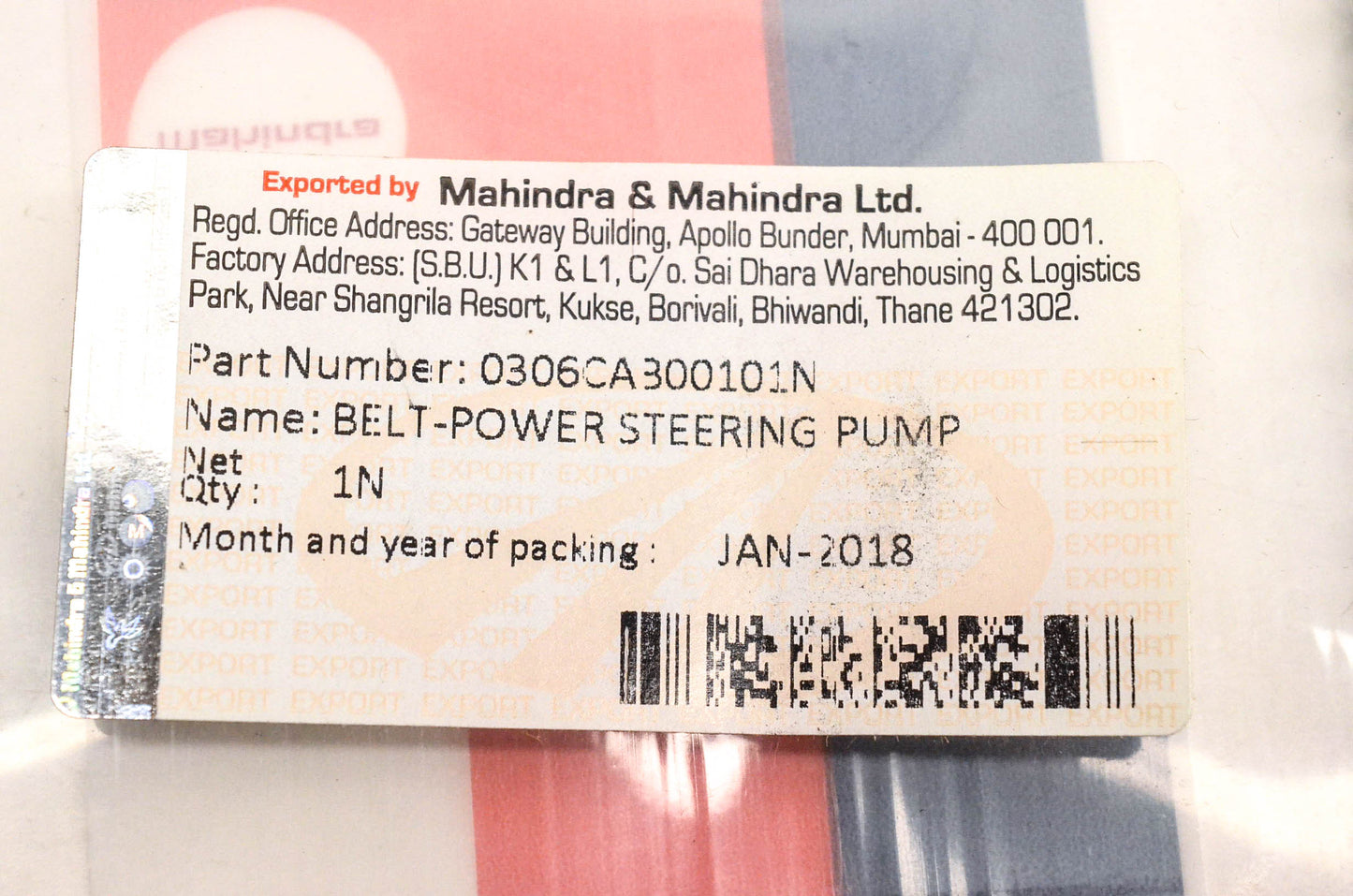 Mahindra 0306CA300101N Power Steering Pump Belt NOS
