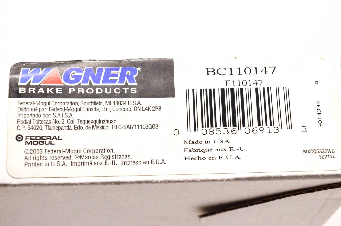 Wagner BC110147, F110147 Brake Cable NOS