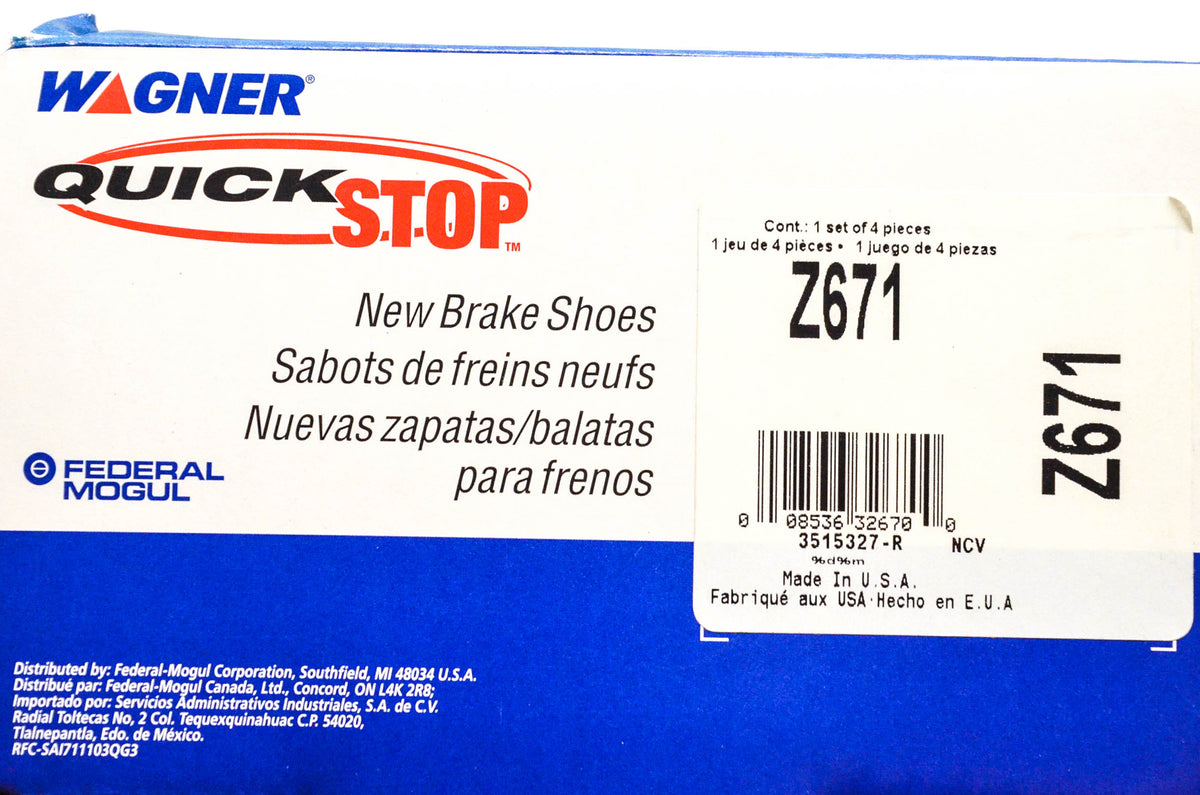 Wagner Z671 Quick Stop Brake Shoe Kit NOS
