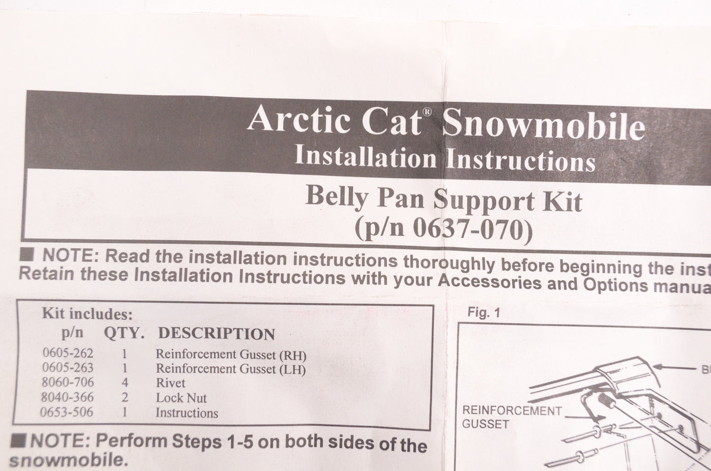 New OEM Arctic Cat 0637-070 Belly Pan Support Kit NOS