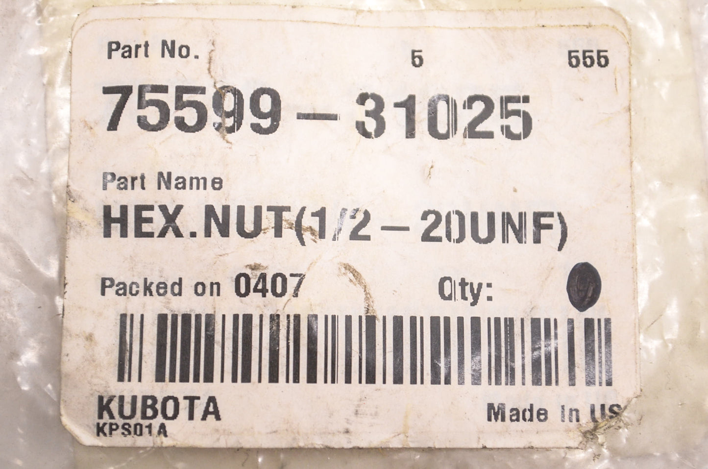 Kubota 75599-31025 Hex Nut NOS