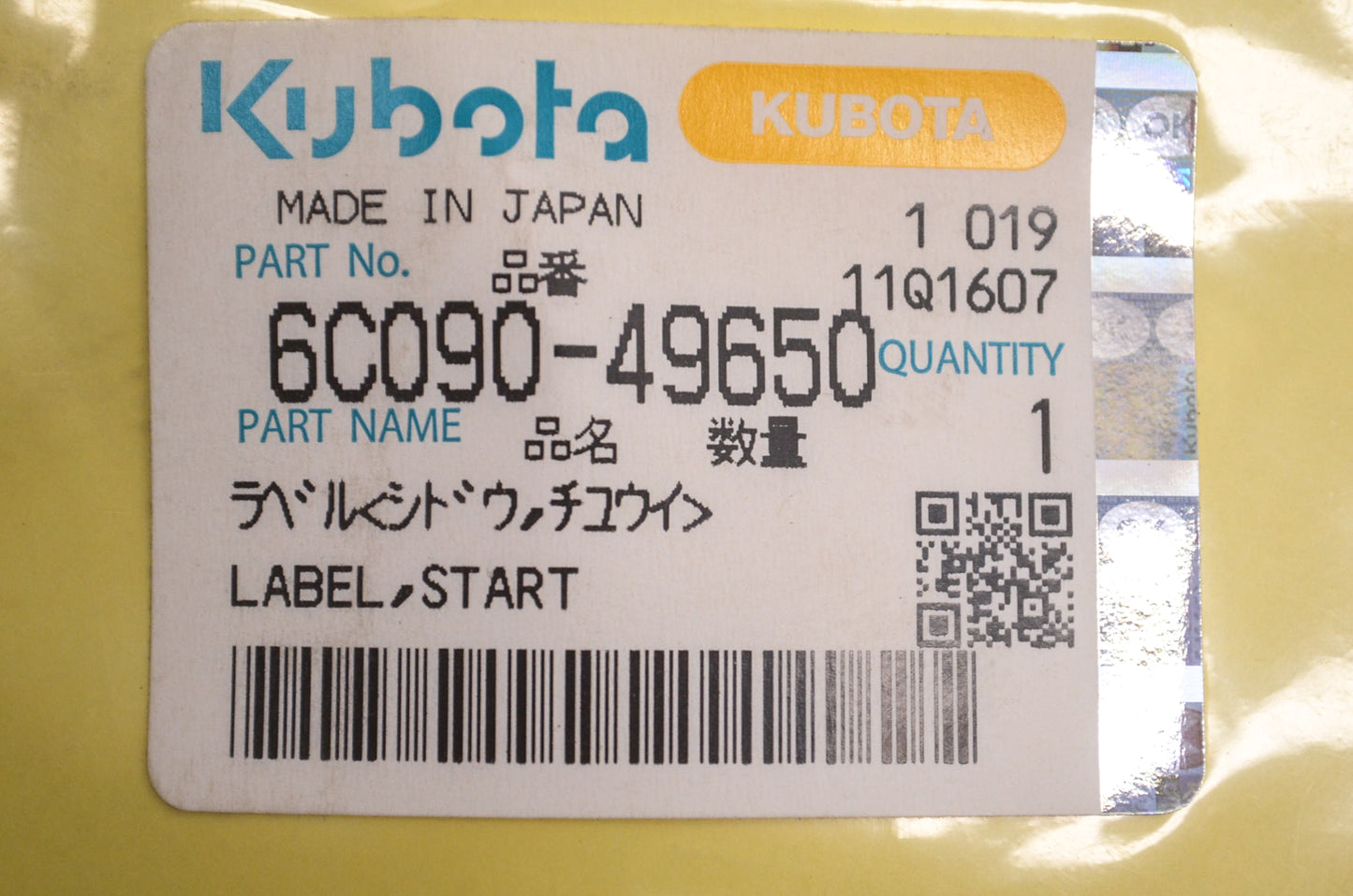 Kubota 6C090-49650 Start Label NOS