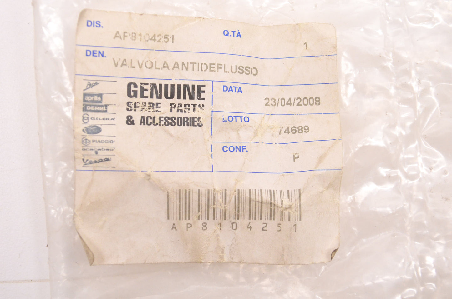 Aprilia AP8104251 Oil Return Valve NOS