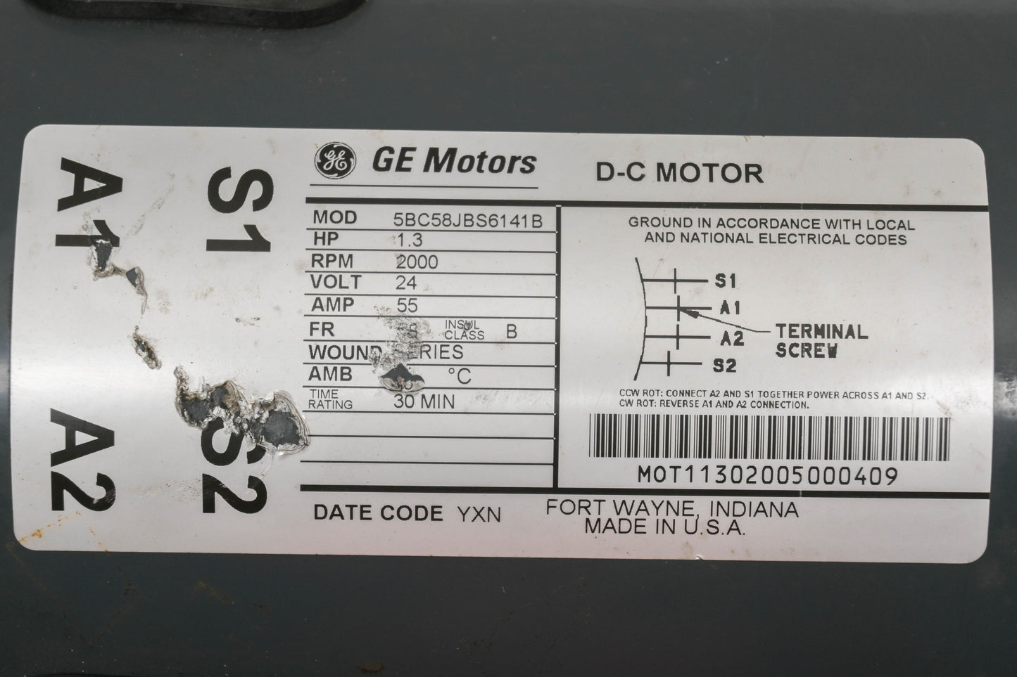 General Electric 5BC58JBS6141B 24v 1.3hp DC Electric Motor