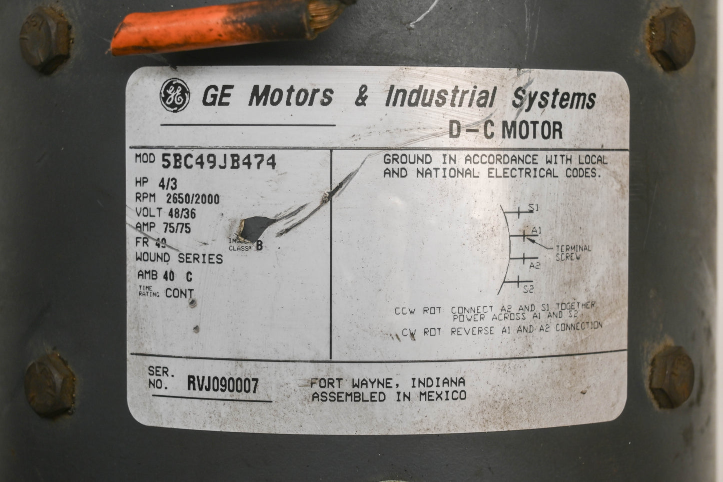 General Electric 5BC49JB474 36-48v DC Electric Motor