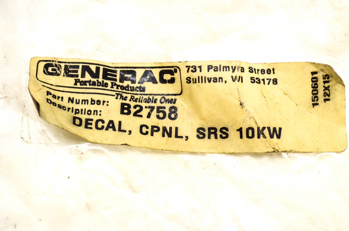 Craftsman B2758 Decal Overhead Valve Engine 10KW 19 HP Decal NOS