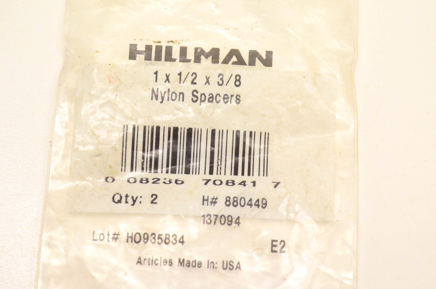 Hillman 880449 Nylon Spacer 1 x 1/2 x 3/8 Qty 2 NOS