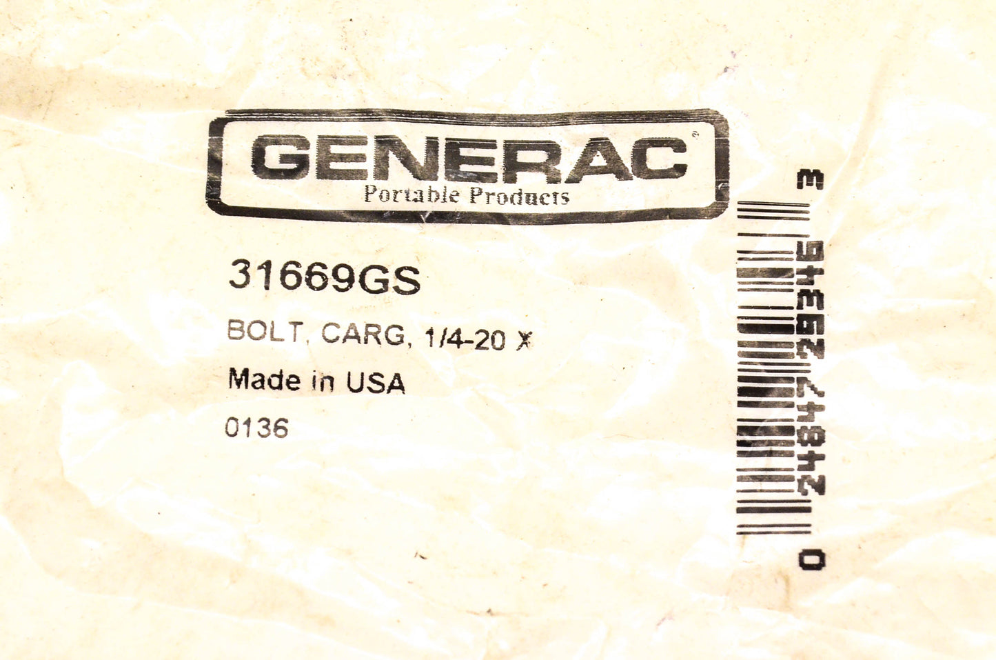 Generac 31669GS Carriage Bolt 1/4-20 NOS