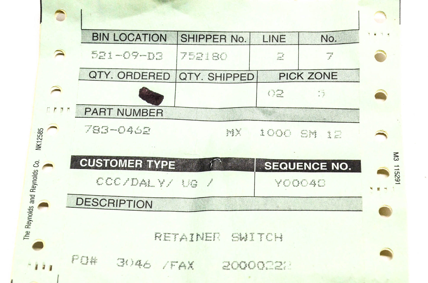 MTD 783-0462 Retainer Switch NOS