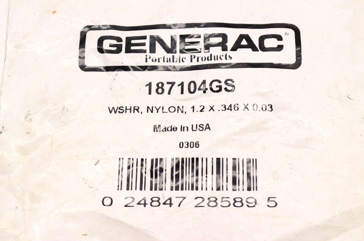 Generac 187104GS Nylon Washer NOS